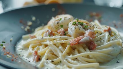 spaghetti with shrimps garlic white bechamel sauce cream close up
