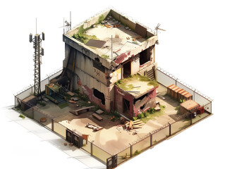 Abandoned Building Covered in Debris, Game Graphic Asset, Transparent Background