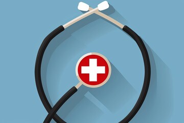 Stethoscope and red cross icon on a blue background, representing healthcare, medical tools, and professional care