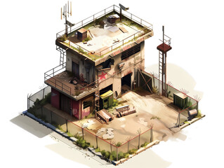 Abandoned Building Covered in Debris, Game Graphic Asset, Transparent Background