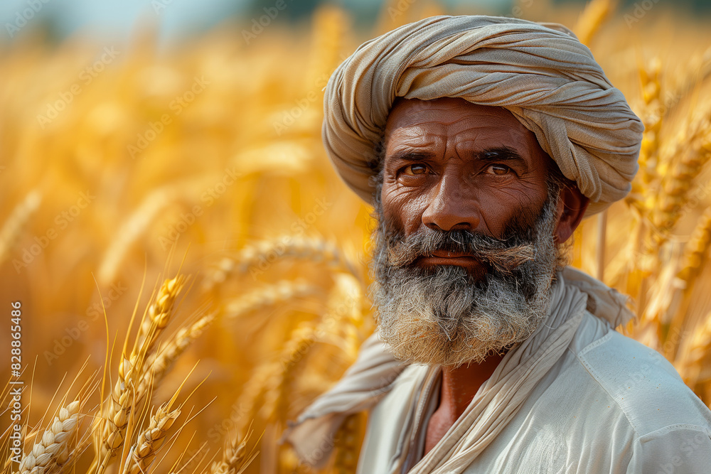 Poster a man with a beard, turban stands in a field of wheat. man is looking at the camera with a serious e