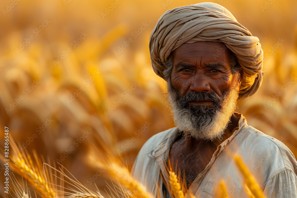 Poster a man with a beard, turban stands in a field of wheat. man is looking at the camera with a serious e