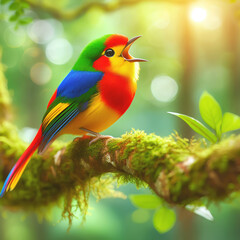 Fototapeta premium Bright exotic bird in a tropical garden, sunlight