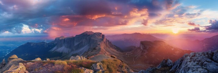 Majestic sunset casting radiant colors over rugged mountain peaks and expansive clouds