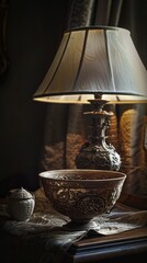 Vintage Elegance: Antique Ceramic Bowl with Intricate Carvings Next to Old-Fashioned Lamp