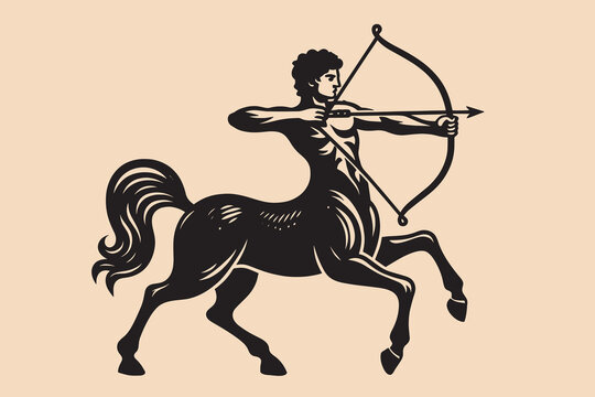 Ancient Greek mythical centaur with bow and arrow. Vintage retro engraving illustration. Black icon, logo, label. isolated element.