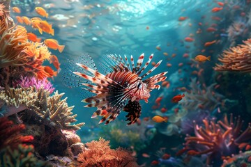 Immerse in the underwater wonderland with a magnificent lionfish at a vibrant coral reef