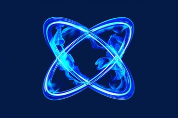 Neon blue atomic symbol on a dark background, representing science, technology, and futuristic concepts