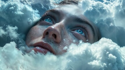 A woman with blue eyes and clouds surrounding her face