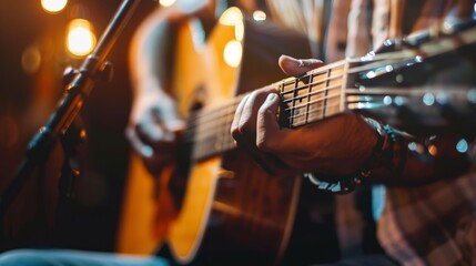 Fototapeta premium Captivating Live Performance: Close-up of Musician Playing Acoustic Guitar with Passion and Skill
