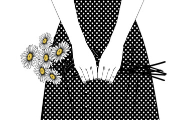 Beautiful girl in a polka dot dress holding a beautiful bouquet of chamomile. Black and white vintage engraving, stylized drawing. Vector illustration