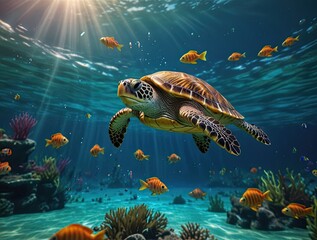 Fototapeta premium A green sea turtle gracefully glides through a blue aquarium, its shell contrasting with the vibrant marine life