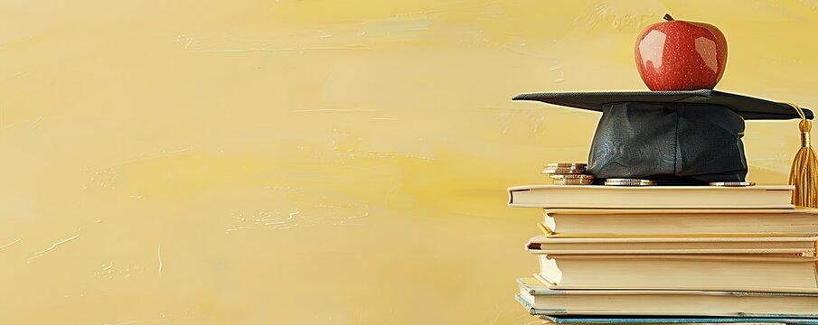 Stack of books with graduation cap and red apple in photo in front of yellow background