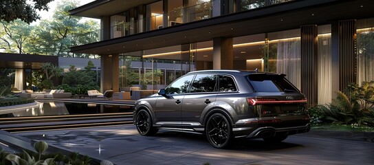A shiny silver car was photographed in front of the villa in the afternoon