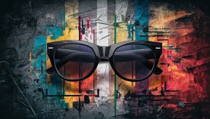Black eyeglasses, optic shop, fashion glasses with colorful grunge background.