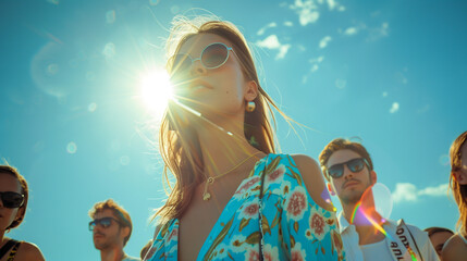 Group of friends in sunlight with lens flare.