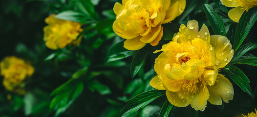 stunning closeup of bright yellow peonies in full bloom after autumn rain, idea for banner with copy space