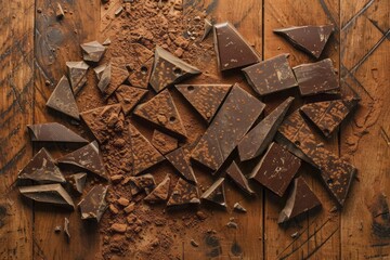 A creative layout of chocolate pieces broken from a bar with cocoa powder artistically sprinkled on a warm toned wooden plank background