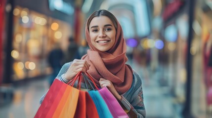 Happy woman looking for bags while buying in shopping mall on minimalist background