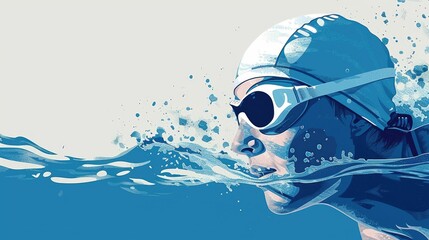 Dynamic illustration of a swimmer in goggles and swim cap, cutting through the water with splashes, capturing the essence of competitive swimming.
