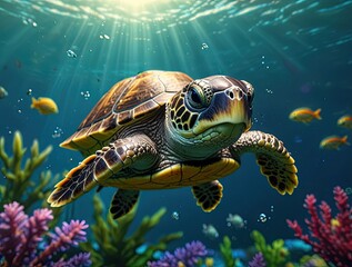 Fototapeta premium A green sea turtle gracefully glides through a blue aquarium, its shell contrasting with the vibrant marine life