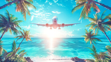 Airplane descending over tropical beach with palm trees and turquoise water, evoking thrill of travel and tourism. Highlights allure of exotic destinations and excitement of exploring new horizons