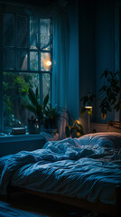Cozy bedroom at night with plants and dim lighting.