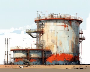 Large, rusted industrial storage tanks against a clear sky, signifying energy and resources, set in an arid desert landscape.