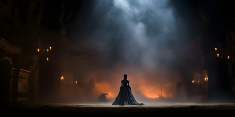 Vibrant opera performance under dramatic lighting and fog on dark stage. Concept Opera Performance, Dramatic Lighting, Fog, Dark Stage, Vibrant