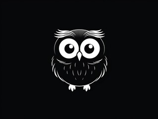 Obraz premium Minimalistic black-and-white illustration of an owl with big eyes on a black background, perfect for various design projects and decorations.