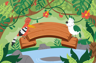 Jungle birds parrots sitting on wooden board. Vector flat graphic design illustration