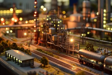 Fototapeta premium Intelligent factory internal display model, A lit-up model of an oil refinery showcasing intricate details and glowing lights, AI generated
