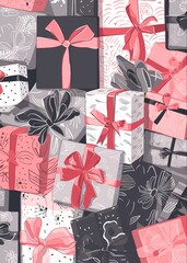 Cute christmas gift boxes with ribbons in hand drawn doodle style, flat vector background