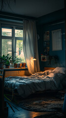 Cozy bedroom in the morning with plants and dim lighting.