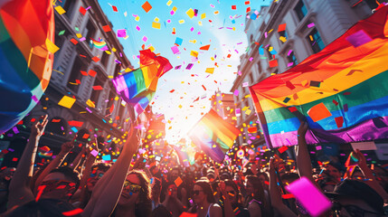 Vibrant pride parade with rainbow flags and confetti under a sunny sky, celebrating love and diversity in an urban street setting.