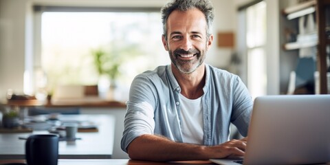 A bearded middle-aged man works at home at a table on a laptop, smiling. happy. Generative AI.