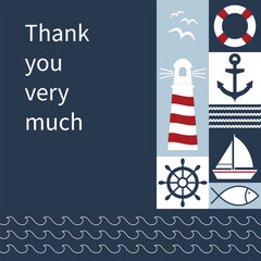 Thank you very much - Schriftzug in englischer Sprache - Vielen Dank. Maritime Karte mit Leuchtturm, Anker, Segelboot, Fisch, Möwen, Rettungsring und Wellen.