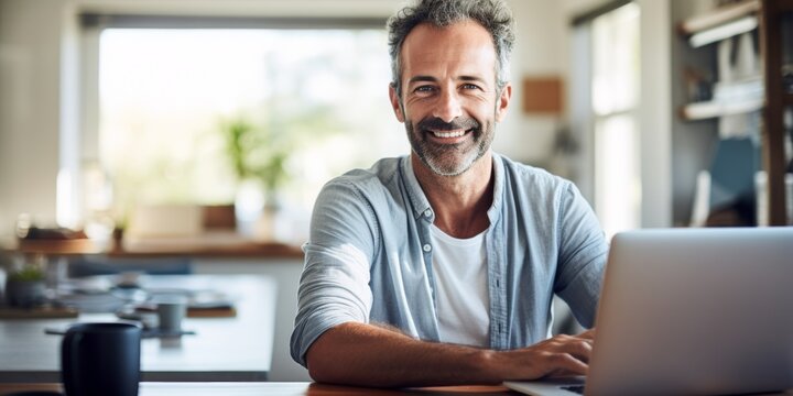 A bearded middle-aged man works at home at a table on a laptop, smiling. happy. Generative AI. - Powered by Adobe