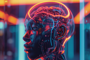 Obraz premium braincomputer interface overview video, in the style of afrofuturism-inspired, light navy and bronze, neo-academism, exquisite lighting, algeapunk, fractalpunk, neon realism 