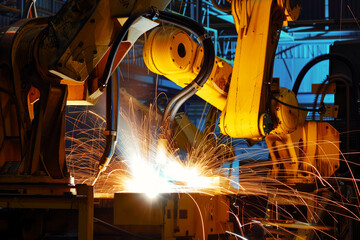 Robotic manipulators performing welding work and flying sparks, modern high-tech production