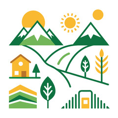 Set of Rural landscape with mountains and hills line icon. linear style Mountains with road and sun outline  vector on white background