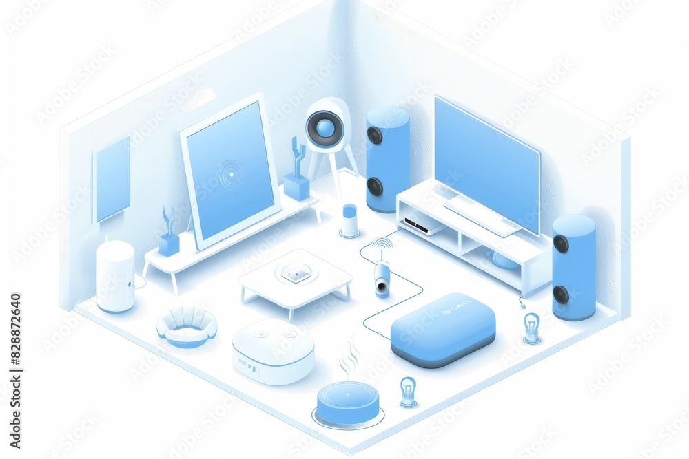 Poster isometric illustration of a smart home with various connected devices, emphasizing automation, techn