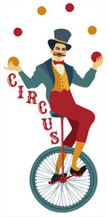 Juggler on unicycle. Circus performer. Petro vector isolated illustration © Nastasja