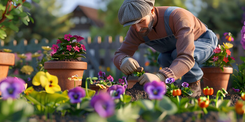   Senior man working in his garden on a sunny day, Gardener holding flowers in gloved hands, Transform Your Garden with Pansy Flowers  
