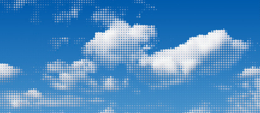 White halftone clouds effect vector. Fluffy dotted style clear blue sky.