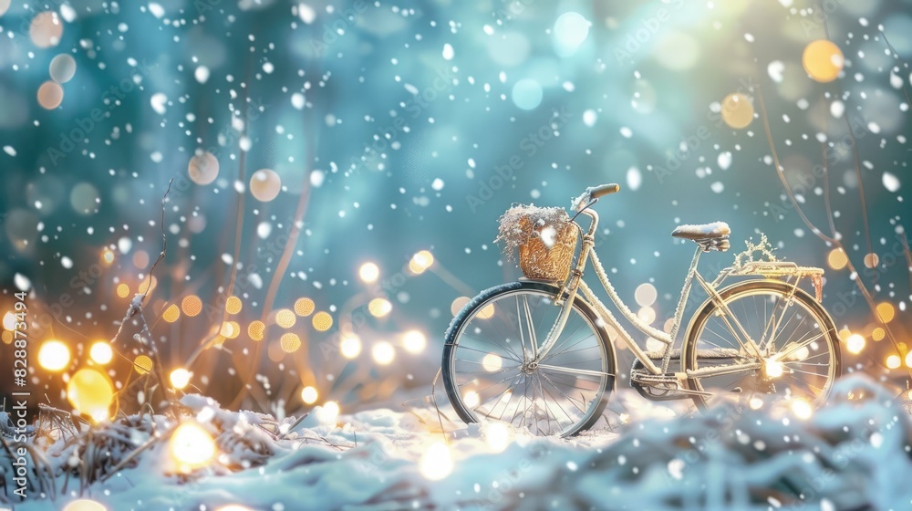Poster blurred background with bicycle and white abstract bokeh christmas lights and snow background