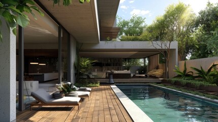 Modern patio outdoor with swimming pool. Modern house interior and exterior design
