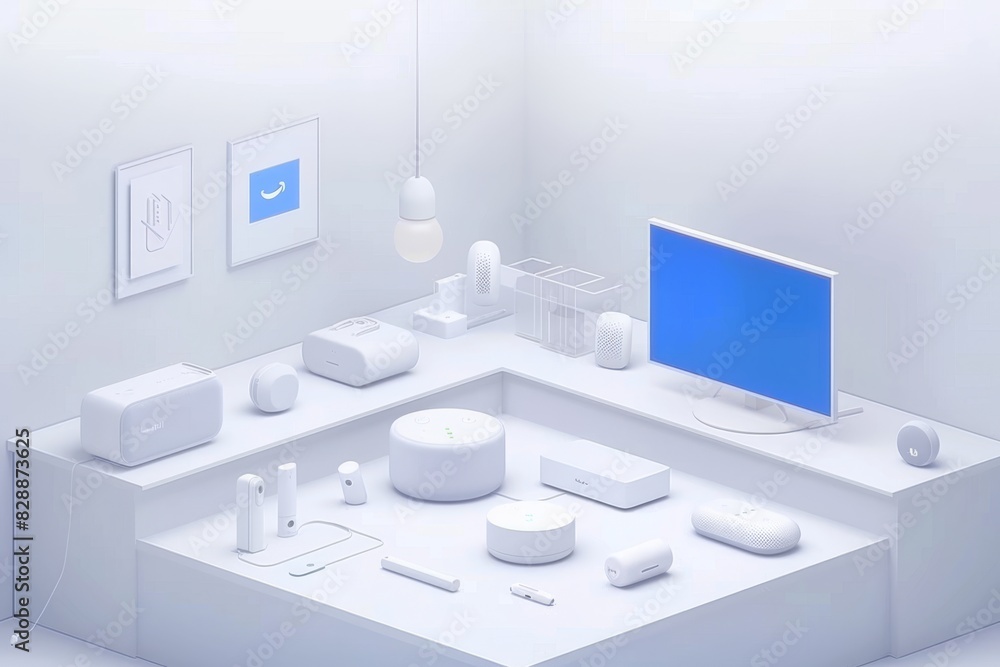 Aufkleber isometric smart home setup with various connected devices, emphasizing technology, automation, and m