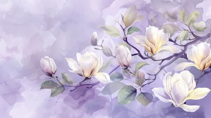 Watercolor Magnolia Blooms on Light Purple Background Generative AI
