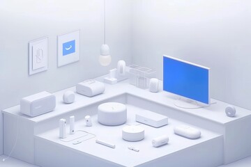 Fototapeta premium Isometric smart home setup with various connected devices, emphasizing technology, automation, and modern living
